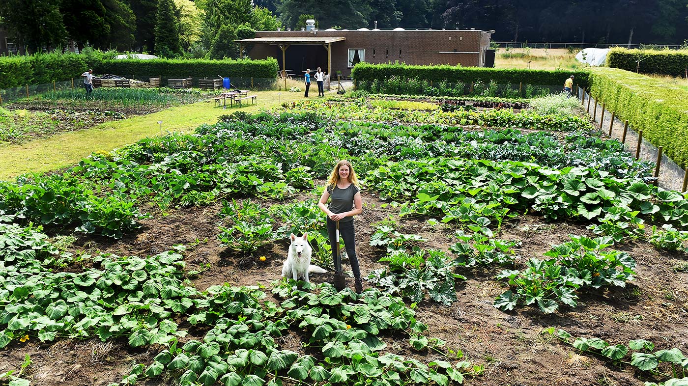 A woman standing in a garden with a dog