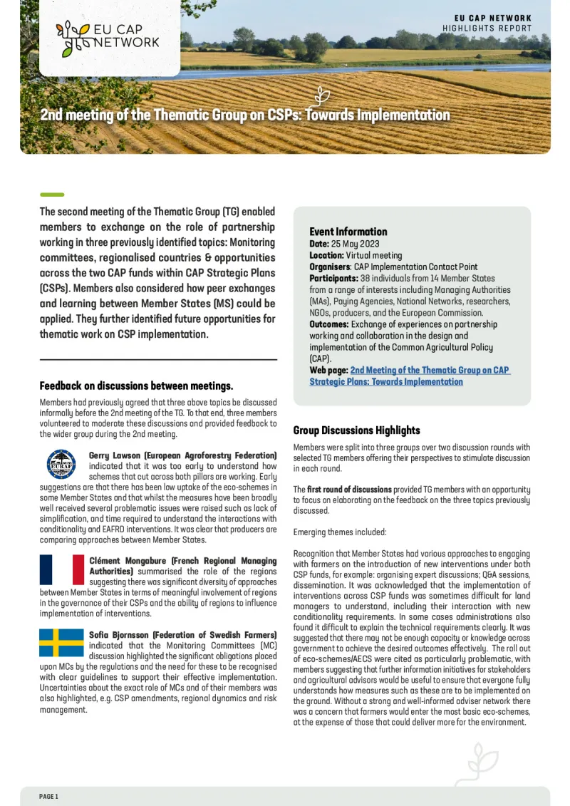 Highlights Report - 2nd meeting of the Thematic Group on CAP Strategic Plans: Towards Implementation