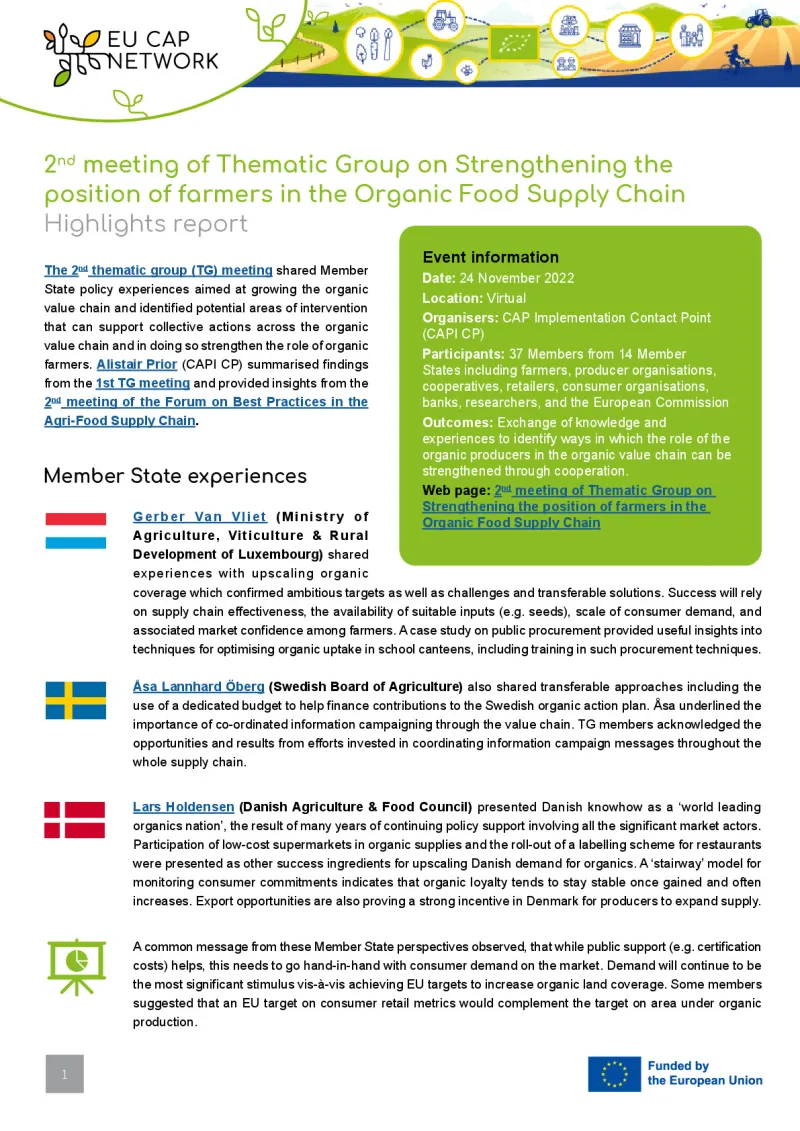 Highlights report: 2nd meeting of Thematic Group on Strengthening the position of farmers in the Organic Food Supply Chain