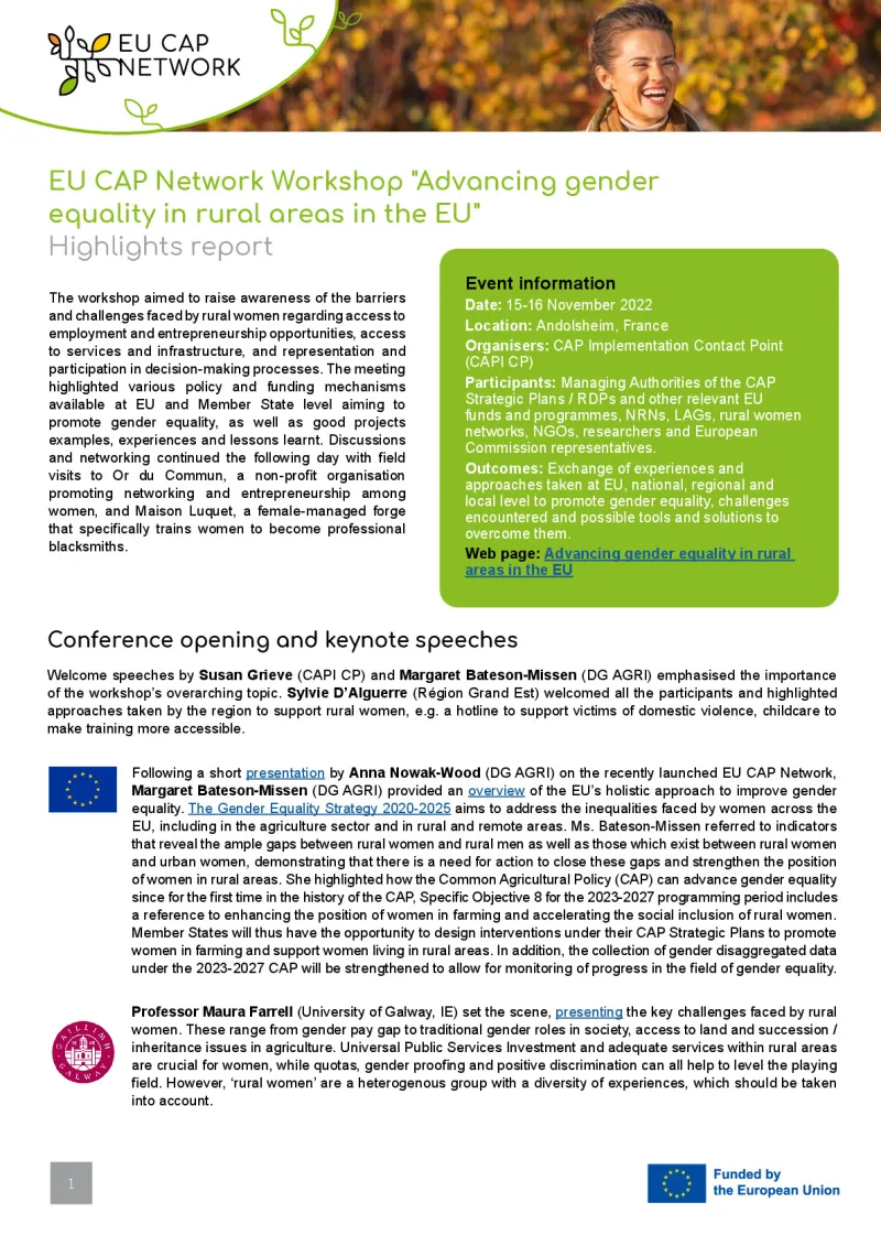Highlights report: Workshop "Advancing gender equality in rural areas in the EU"