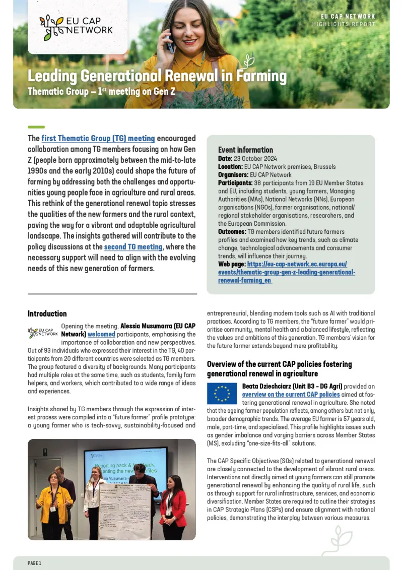 Highlights report - 1st meeting of Thematic Group on Leading Generational Renewal in Farming