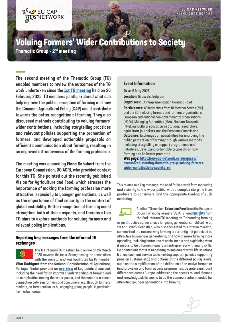Highlights report - 2nd meeting of the Thematic Group on Valuing Farmers’ Wider Contributions to Society