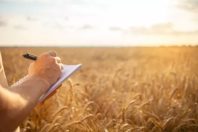 A person taking notes in a wheat field