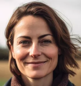 A woman with short brown hair smiles to the camera