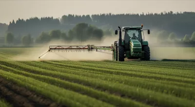 A green tractor in a field and a forest in the background