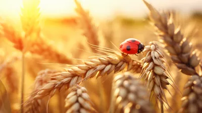 Golden ripe ears of wheat and ladybug