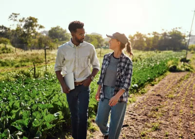 A woman and a man walk together in a field