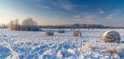 a field of hay wrapped in snow