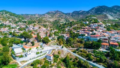 Aerial view of Agros village settlement on mountain Troodos, Limassol district, Cyprus.
