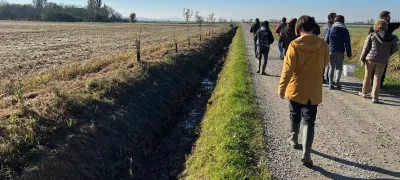 A group of people walking on a path.
