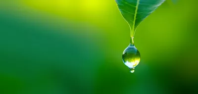 Close-up of water droplet on leaf, on a green background.