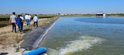 Group of people walking along a water treatment basin