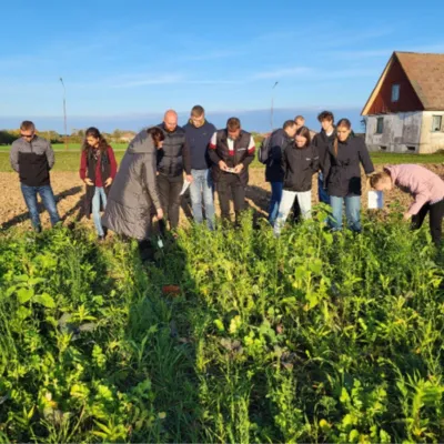 A group of people inspecting a patch of catch crops