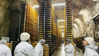 Students visiting a tall chamber for maturing cheese