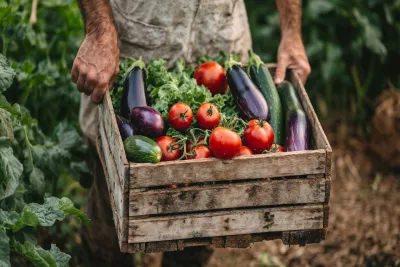 Organic vegetables in a wooden crate