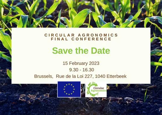 a 'save the date' card with text and plants in the background for the "Circular agronomics: final conference"