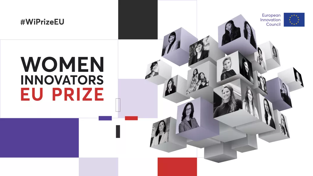 A group of cubes with images of women for the 'EU Prize for Women Innovators'