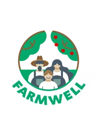 Farmwell logo, a circle containing three people under fruit trees.