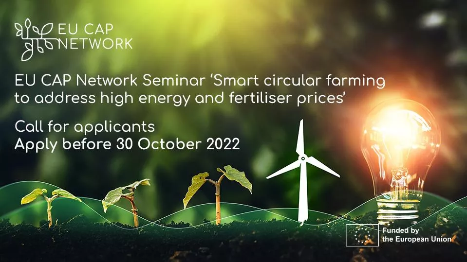 Poster showing a wind turbine and a light bulb for the 'EU CAP Network Seminar'