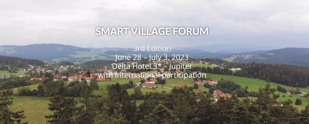 A group of trees, field and buildings in the country side for the "SMART VILLAGE Forum"