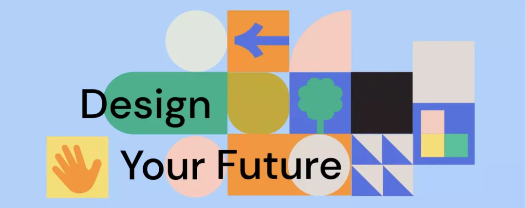 The words 'design your future in a blue background and surrounded by various icons