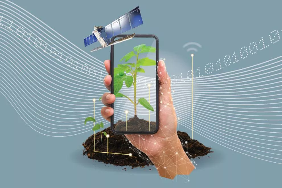 A hand holding a cell phone with a plant growing out of it