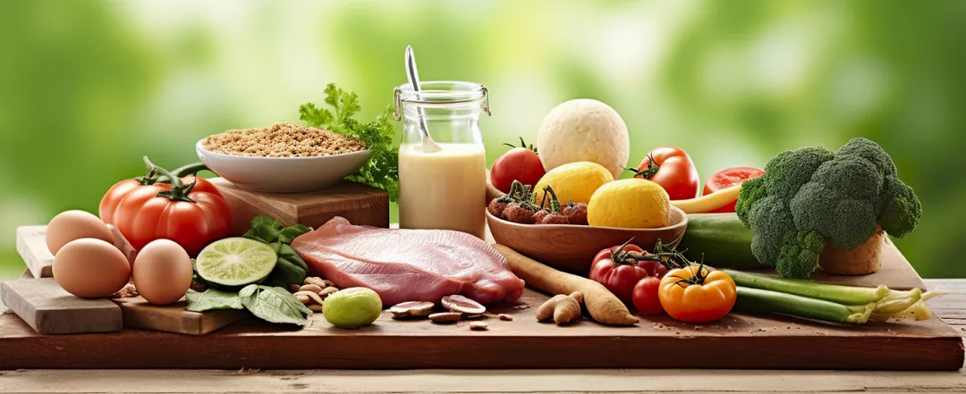 Closeup of vegetables, fruits, and meat on wooden table over green natural background