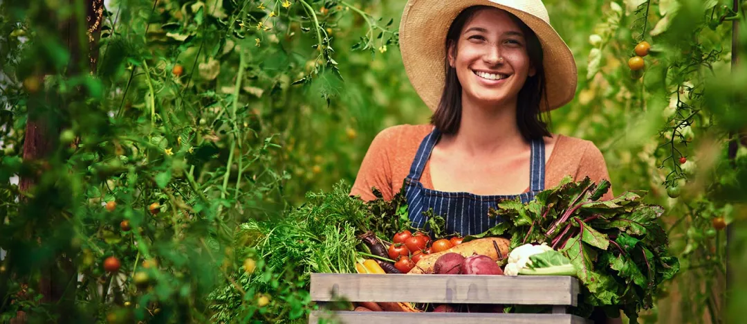 Portrait of woman with box on farm after harvest of summer vegetables
