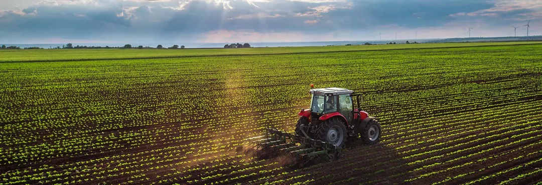 Tractor cultivating field at spring