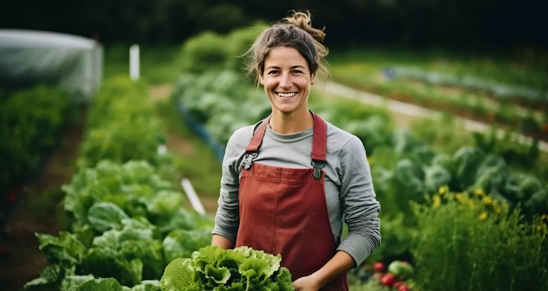 portrait of a woman, farmer collecting fresh produce in her garden on a self-sustainable farm