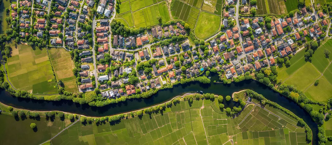 Aerial satellite view of cultivated agricultural farming land fields