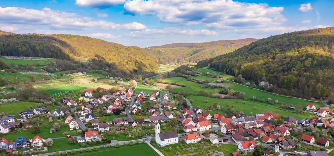 Aerial view of a small village in Upper Franconia/Germany in spring
