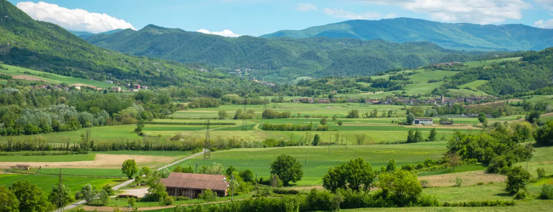 springtime panorama of the hills of oltrepo pavese, vinery area in italy (lombardy region) at the borders with piedmont and emilia romagna. it's famous for valuables wines, mainly sparkling
