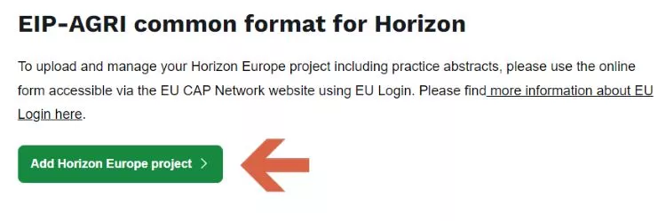 Add Horizon Europe project button screenshot