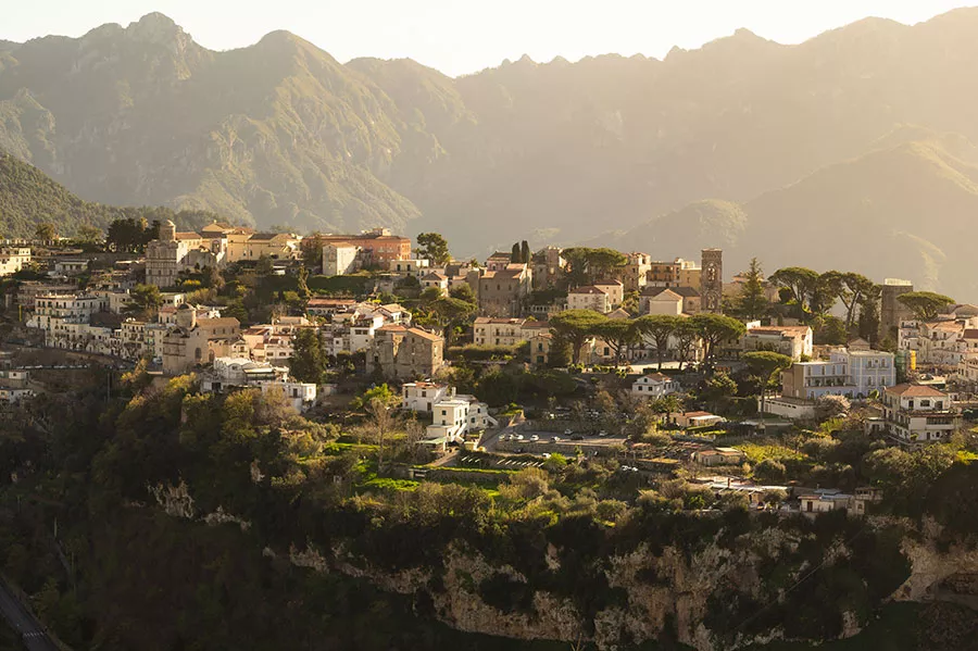 Scenic panoramic view of Ravello surroundings with agriculture terraces, Amalfi Coast, Campania, Italy.