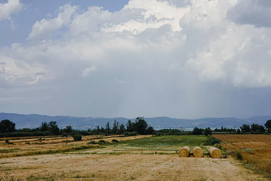 White clouds on a blue sky just before the storm