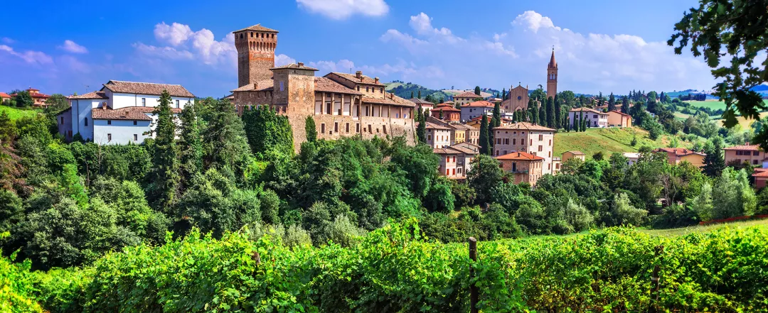 Romantic vine route with medieval castles in Italy. Emiglia Romagna region, Levizzano village