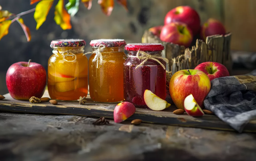 Homemade preserves apple variants in glass jar rustic setting