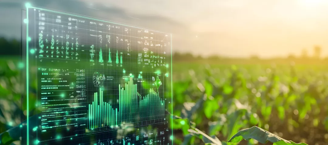 Image showcases vibrant agricultural field with digital interface displaying data analytics and graphs, symbolizing integration of technology in farming.