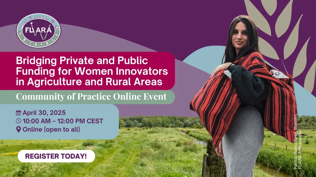 Promotional banner for the third FLIARA Community of Practice online event titled 'Bridging Private and Public Funding for Women Innovators in Agriculture and Rural Areas'