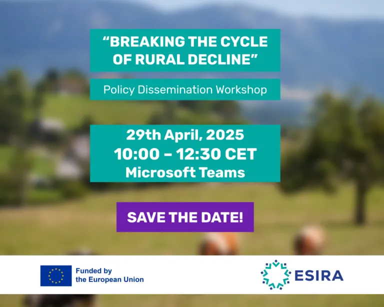 "save the date" banner of ESIRA's webinar on Breaking the cycle of rural decline