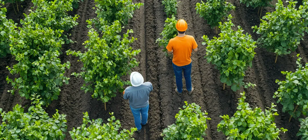 farmers and agricultural advisors observing tree growth progress