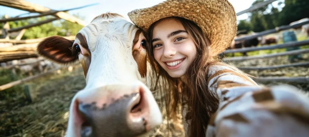 Girl taking selfie with cow on a farm