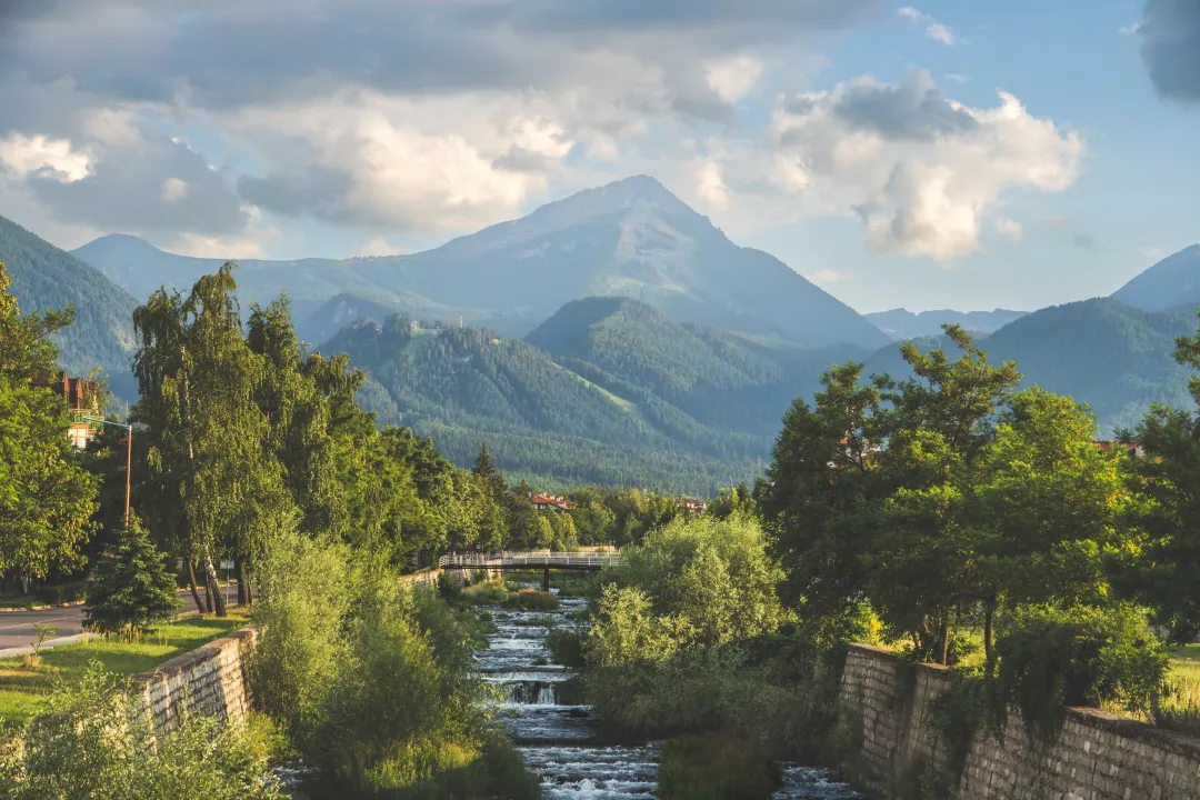 Landscape of mountains and a river in Razlog, Bulgaria