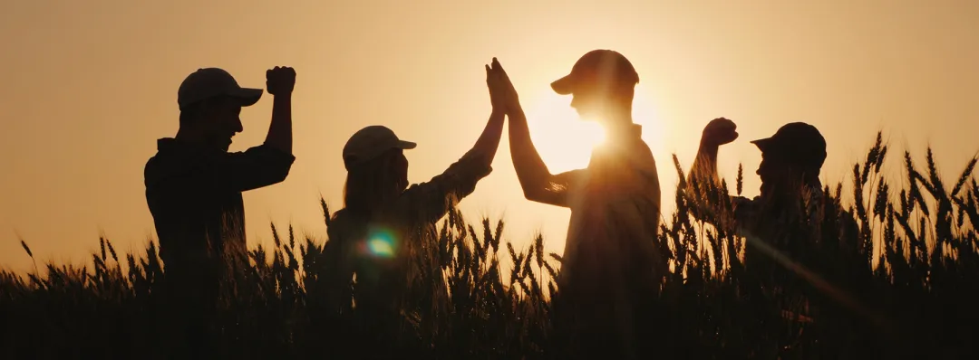People in a field at dawn