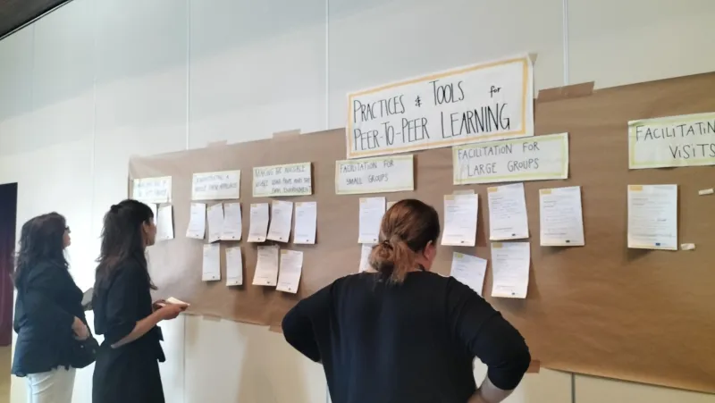 People reading wall of learning