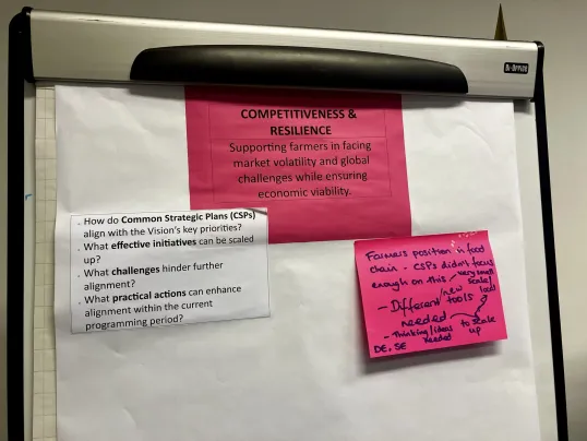 A pink post-it note on a flip chart at the CSP Subgroup