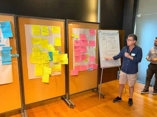 Man presenting ideas from wall of collaboration