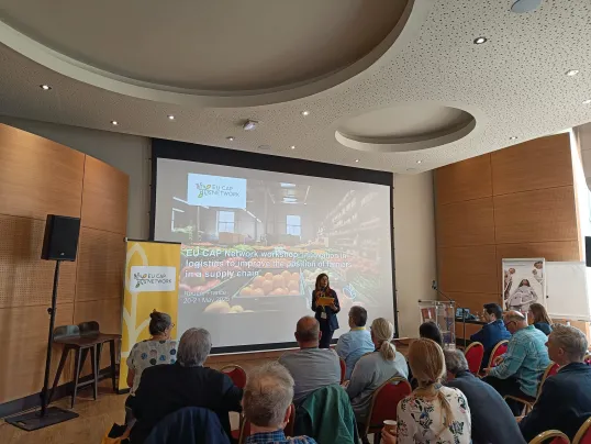 Woman presenting at EU CAP Network workshop ‘Innovation in logistics to improve the position of farmers in a supply chain’