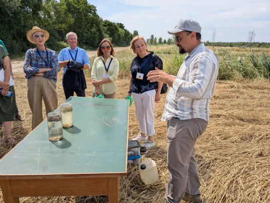 Farmer showing experiment in field to group